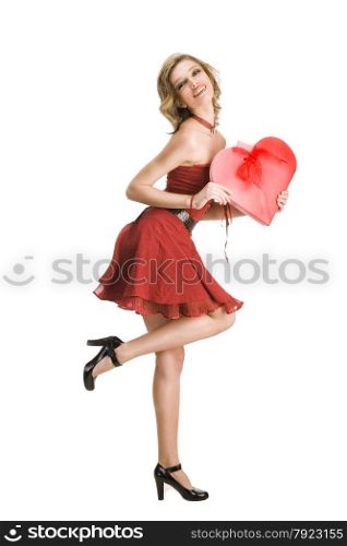 Pin-Up Girl Holding the Red Heart Shape Gift Box