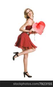 Pin-Up Girl Holding the Red Heart Shape Gift Box