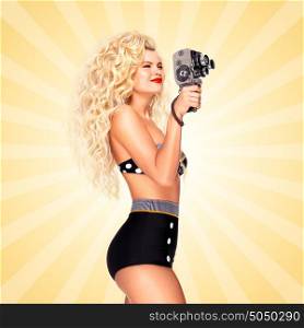 Pin-up girl shooting a movie with an old cinema 8 mm camera on cartoon style background.