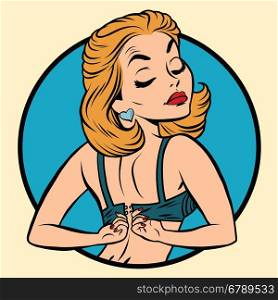 Pin-up girl wears a bra, pop art comic illustration
