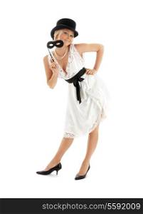 pin-up image of pretty lady with black mask over white