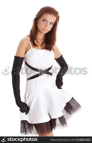 pin-up picture of pretty woman in black and white dress