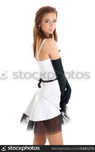 pin-up picture of pretty woman in black and white dress