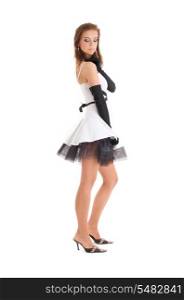 pin-up picture of pretty woman in black and white dress