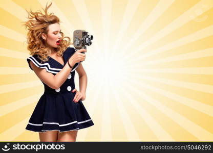 Pin-up sailor girl shooting a movie with an old cinema 8 mm camera on cartoon style background.