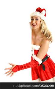pin-up santa girl hold in hands christmas empty blank