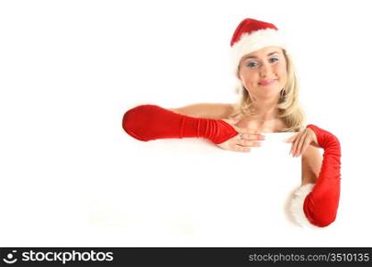 pin-up santa girl hold in hands christmas empty blank