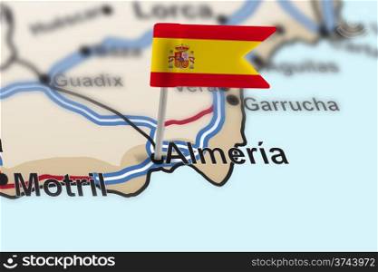 pin with flag of Spain in Almeria with selective focus