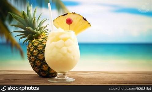 Pina Colada cocktail on background with blue sea and sky tropical background. Generative AI.. Pina Colada cocktail on background with blue sea and sky tropical background. Generative AI
