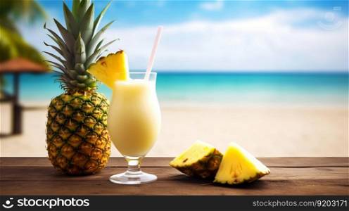 Pina Colada cocktail on background with blue sea and sky tropical background. Generative AI.. Pina Colada cocktail on background with blue sea and sky tropical background. Generative AI