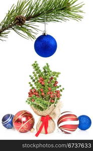 pine branch and christmas decorations over a white background.