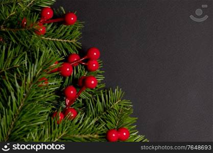 Pine Christmas tree branches and red berries on black paper background flat lay top view mock-up. Pine branches decor on black paper