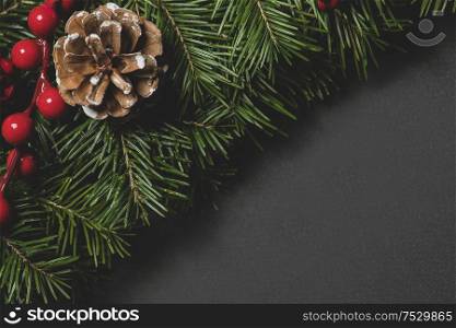 Pine Christmas tree branches cone and red berries on black paper background flat lay top view mock-up. Pine branches decor on black paper