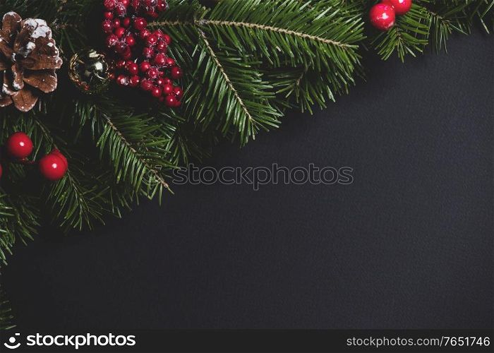 Pine Christmas tree branches cone and red berries on black paper background flat lay top view mock-up. Pine branches decor on black paper