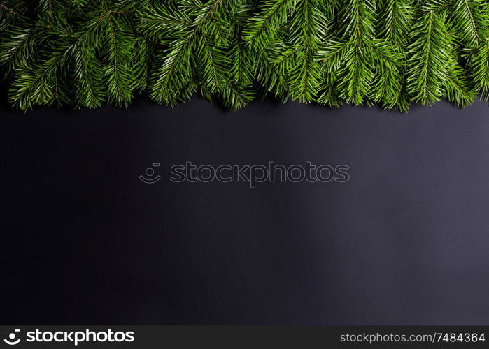 Pine Christmas tree branches on black paper background flat lay top view mock-up. Pine branches on black paper