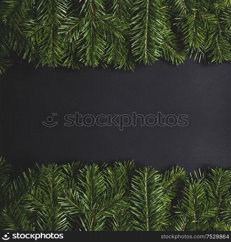 Pine Christmas tree branches on black paper background flat lay top view mock-up. Pine branches on black paper