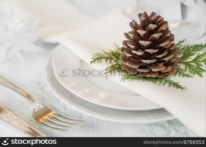 Pine cone lies on beautiful white porcelain plate with a linen napkin, as well as silver knife and fork, which is located on a light table