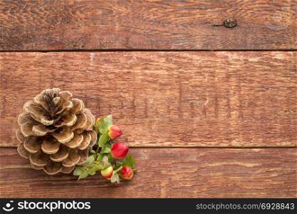 Pine cone with red berries against rustic barn wood with a copy space