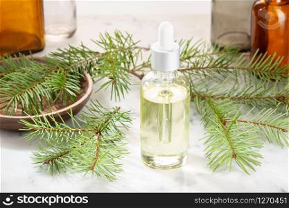 Pine essential oil. Pine oil glass bottle for beauty, skin care, wellness. Alternative medicine