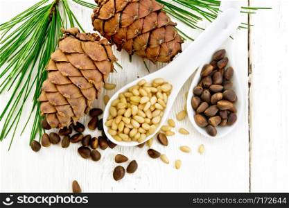 Pine nuts in two spoons, two cedar cones and green branches on a wooden board background from above