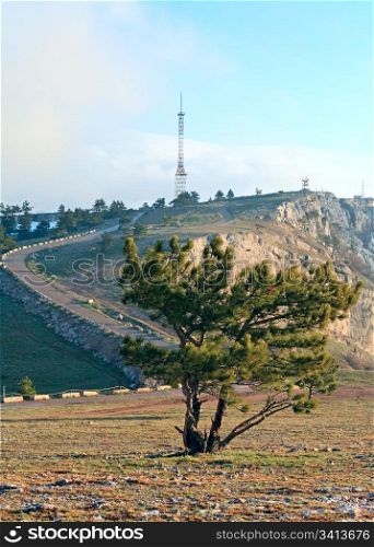 pine tree and radio -communication tower on mountain peak (Aj-Petri Mountain, Crimea, Ukraine)