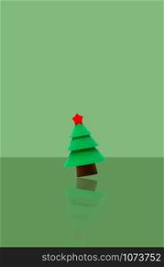 Pine tree fly with green background.Merry Christmas and Happy New Year card.