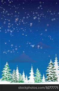 Pine tree forest landscape vertical / Silhouette Christmas tree forest fir nature snow winter background at night , vector illustration