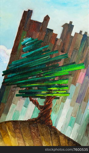 Pine tree standing in tront of the wall. The oil painting with the pine tree standing in front of the wall. My artwork, oil on canvas, 40 x 65 cm..