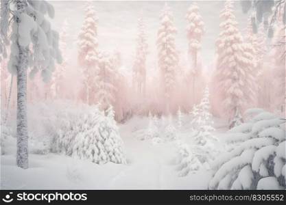 Pine trees covered with snow on frosty evening. Beautiful winter panorama. Neural network AI generated art. Pine trees covered with snow on frosty evening. Beautiful winter panorama. Neural network AI generated