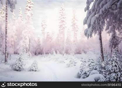 Pine trees covered with snow on frosty evening. Beautiful winter panorama. Neural network AI generated art. Pine trees covered with snow on frosty evening. Beautiful winter panorama. Neural network AI generated