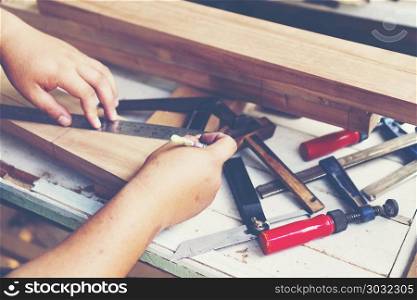 pine wood planks on wood table studio construction background
