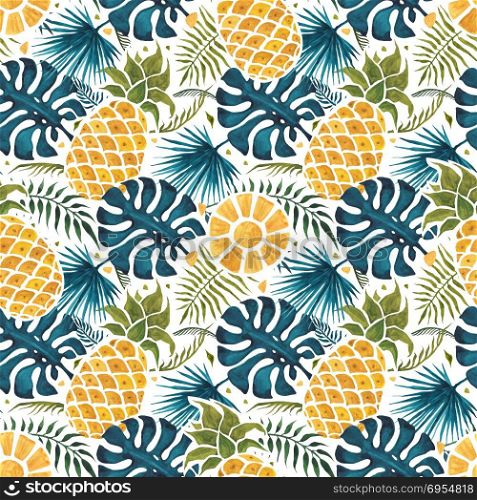 Pineapple background. Watercolor Seamless pattern.. Pineapple background. Hand Drawn illustration. Watercolor Seamless pattern