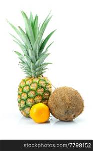 pineapple, mandarin and coconut isolated on white