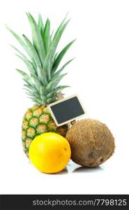 pineapple, orange, coconut and board isolated on white