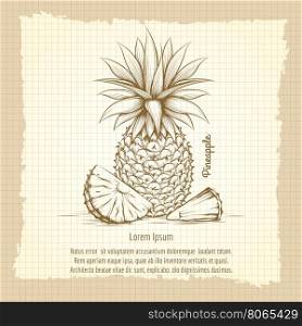 Pineapple retro style poster. Hand drawn pineapple on vintage notebook background. Retro style poster vector illustration
