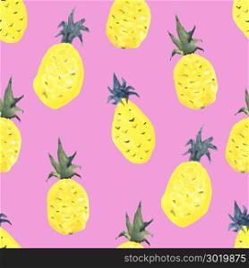 Pineapples background. Watercolor tropic pattern. Seamless tropical pattern with pineapples. Hand drawn, hand painted watercolor illustration.