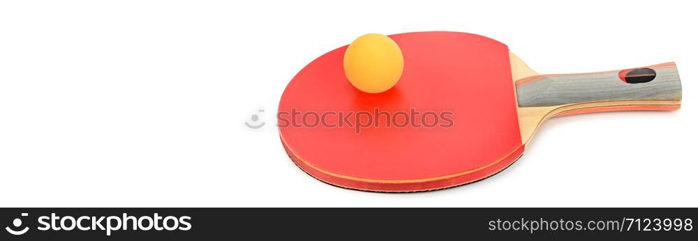 Ping-pong racket and ball isolated on white background. Free space for text. Wide photo.