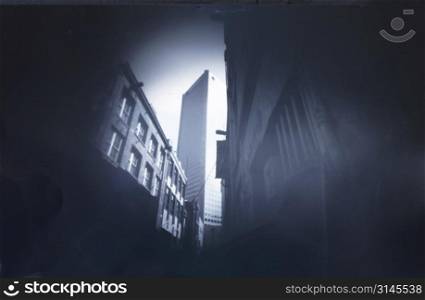 Pinhole image with Alleyway and tall building.