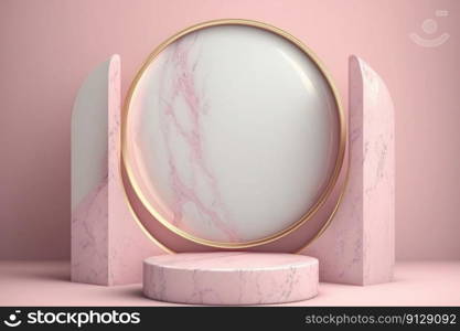 Pink and golden product presentation mock-up. Marble podium with copy space. Stage, display, showroom. Empty scene. Generative AI. Pink and golden product presentation mock-up. Marble podium with copy space. Stage, display, showroom. Empty scene. Generative AI.