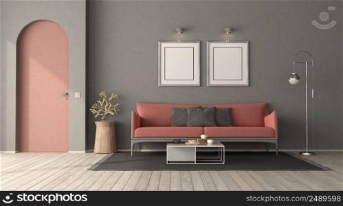 Pink and gray living room with sofa ,coffee table,floor l&and frameless door - 3d rendering. Pink and gray living room with sofa and frameless door