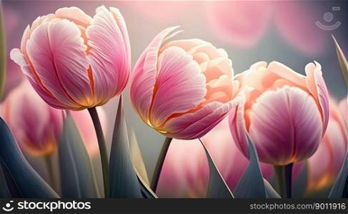 Pink and purple tulips pastel colors backdrop. Mother s Day gift. Generative AI
