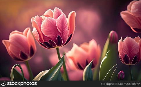 Pink and purple tulips pastel colors backdrop. Mother s Day gift. Generative AI