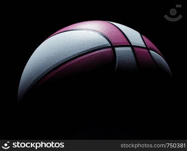 Pink and white colored single basketball for women or men sitting on black background. Light shining directly on basketball from top. dramatic lighting