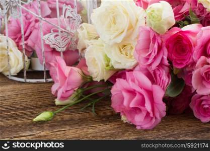 pink and white flowers. bunch of pink and white fresh roses and eustoma flowers close up