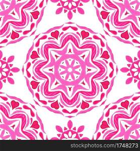 Pink and white hand drawn round mandala tile seamless ornamental watercolor paint pattern. Sun symbol decorated with herats