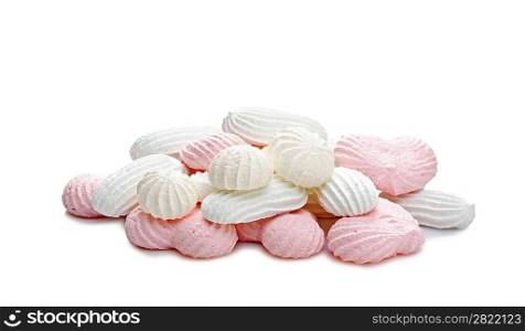 pink and white meringue cake isolated on white background