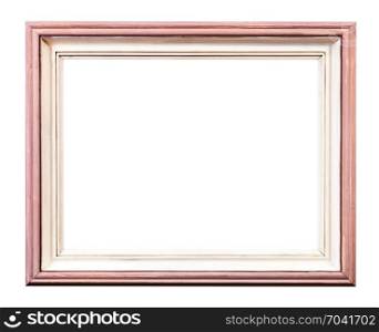 pink and white painted wooden picture frame with cut out canvas isolated on white background