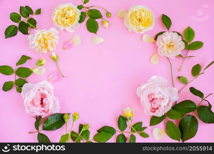 Pink and white peonies on a pink background. Pink peonies. Vintage background with flowers and place under the text. View from above. Pink and white peonies on a pink background, composition. Background for text.