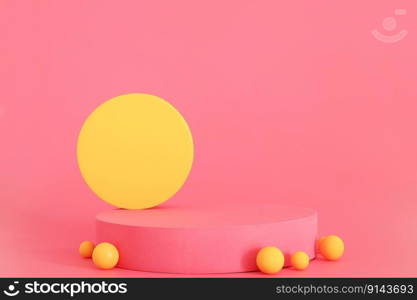Pink and yellow podium on the pink background. Podium for product, cosmetic presentation. Creative mock up. Pedestal or platform for beauty products. Pink and yellow podium on the pink background. Podium for product, cosmetic presentation. Creative mock up. Pedestal or platform for beauty products.