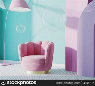Pink armchair in room with blue wall and pink arch, soap bubbles, 3d render